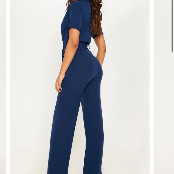 Navy Tailored Tie Waist Wide Leg Jumpsuit - Picture 4 of 5